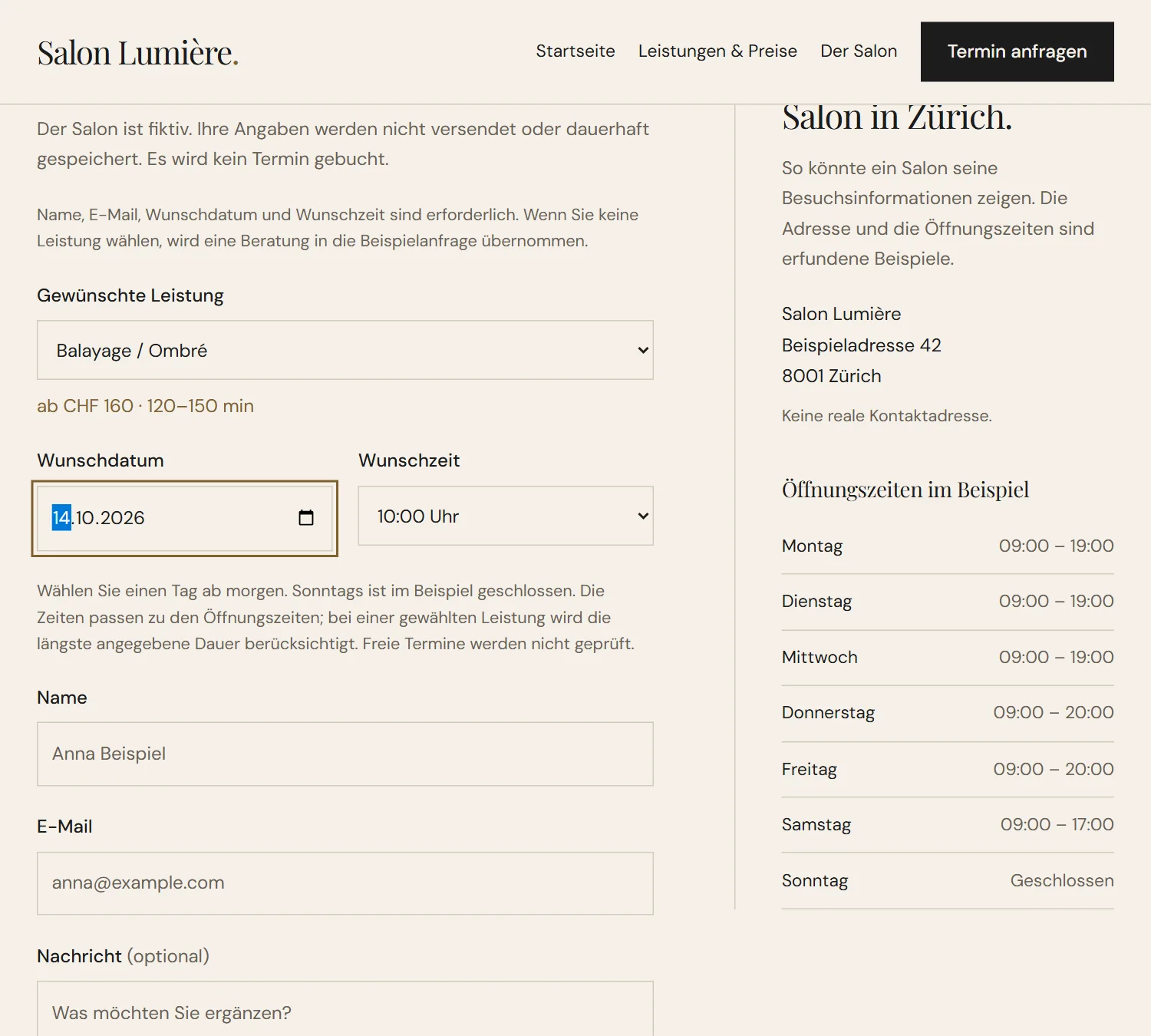 Salon Lumière: selected details in the demo enquiry
