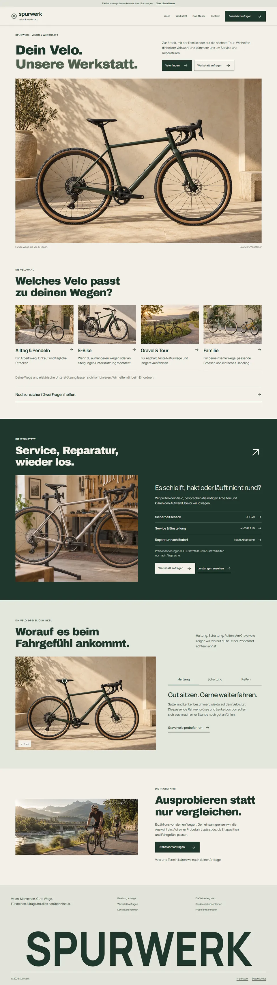 Startseite des fiktiven Spurwerk Veloateliers mit grünem Velo und hellen Flächen